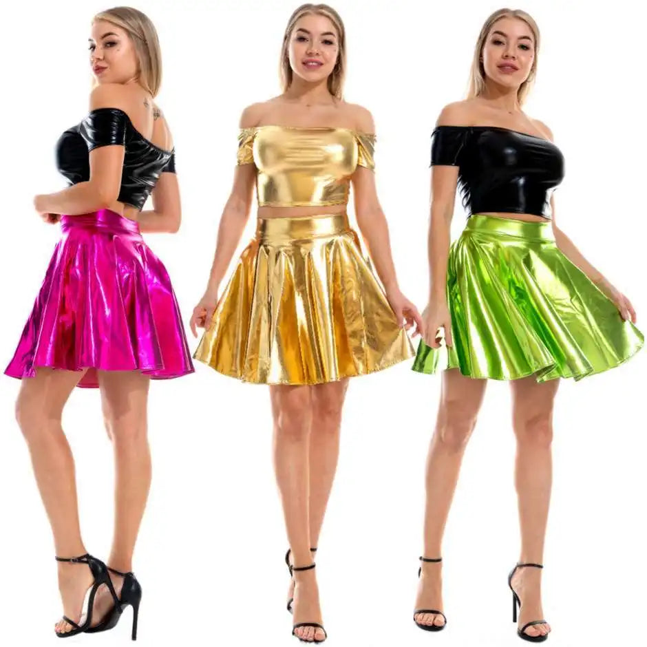 Shiny Solid Color Faux Leather High Waist Pleated High Street Club Mini Skirt
