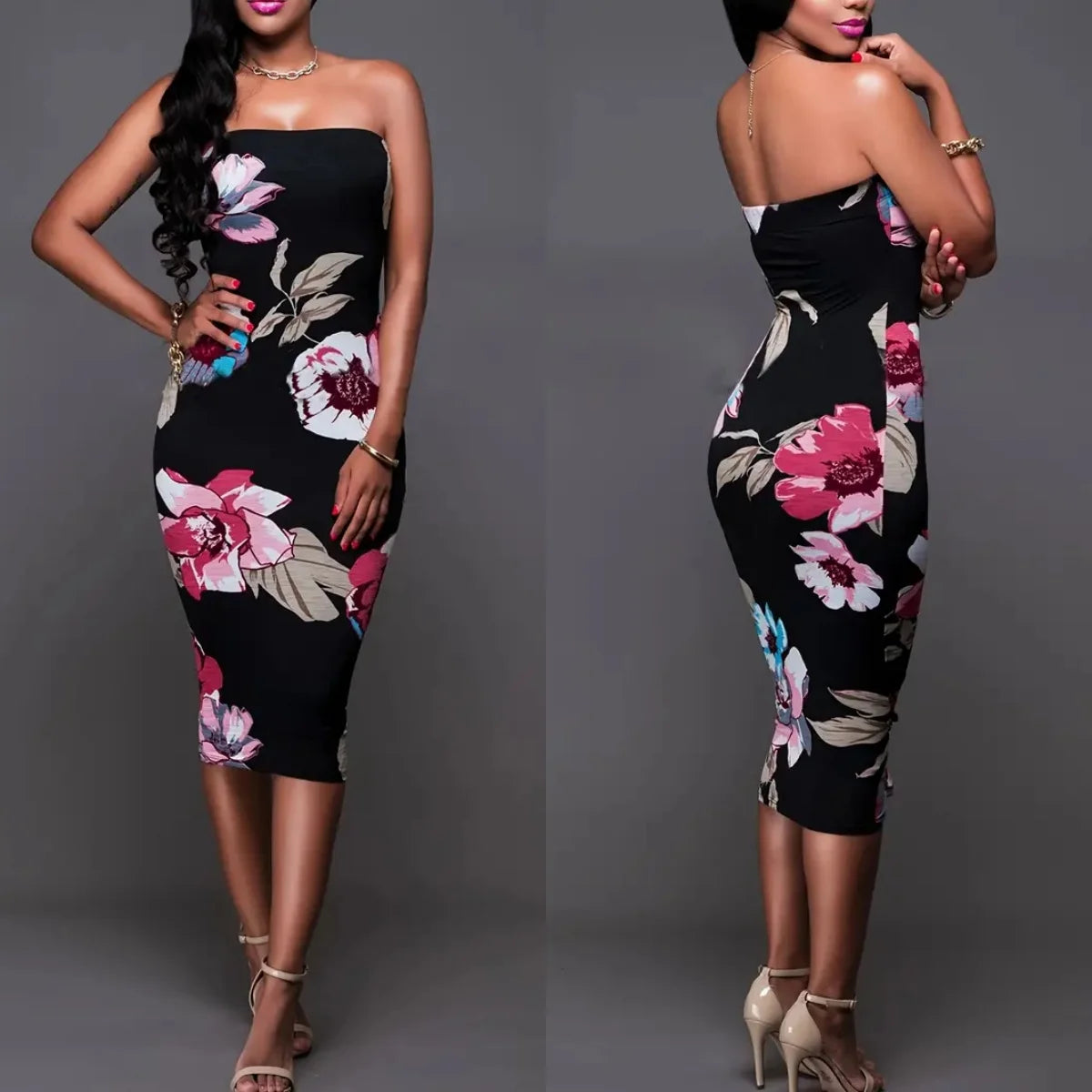 Sleeveless Black Flower Print Bodycon Skinny Midi Tube Dress