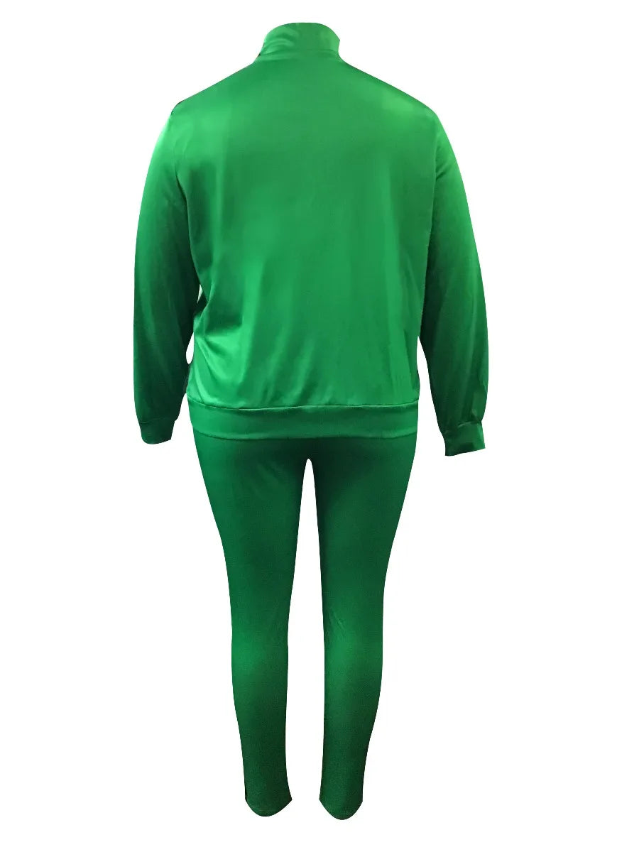 Green/Black Striped Zipper Mandarin Collar Women's Top + Matching Pants Tracksuit