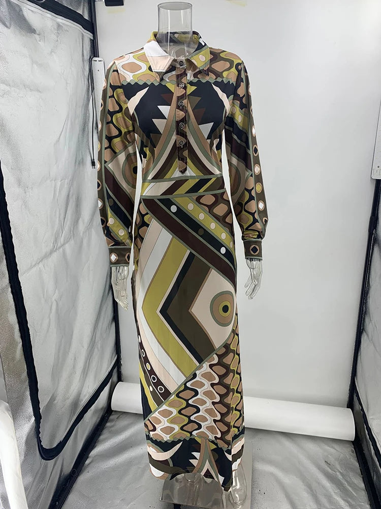 Geometric Print Turn-Down Collar Hollow-Out Long Sleeve High Waist Spliced Button-Up Maxi Dress