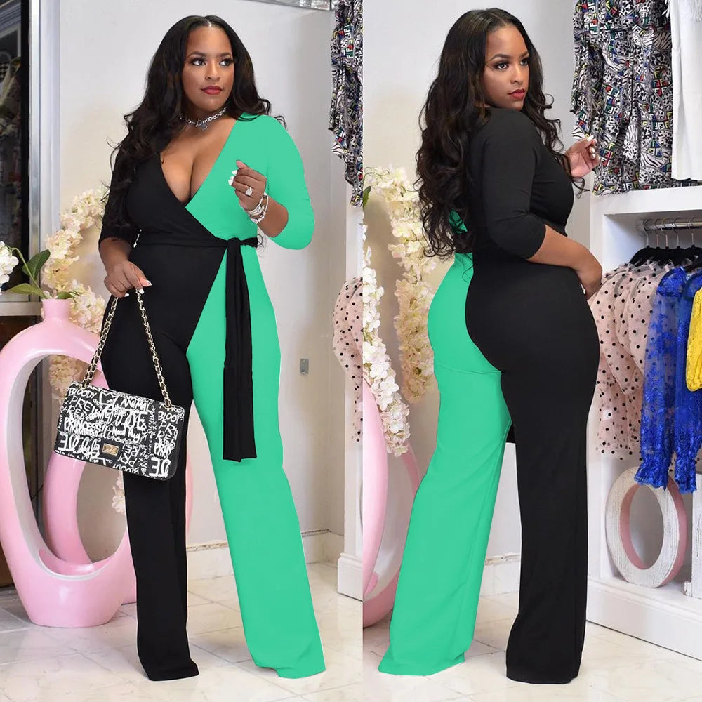 Colorblock Straight Trouser V-Neck Sash Belt Plus Size Jumpsuit to 5X