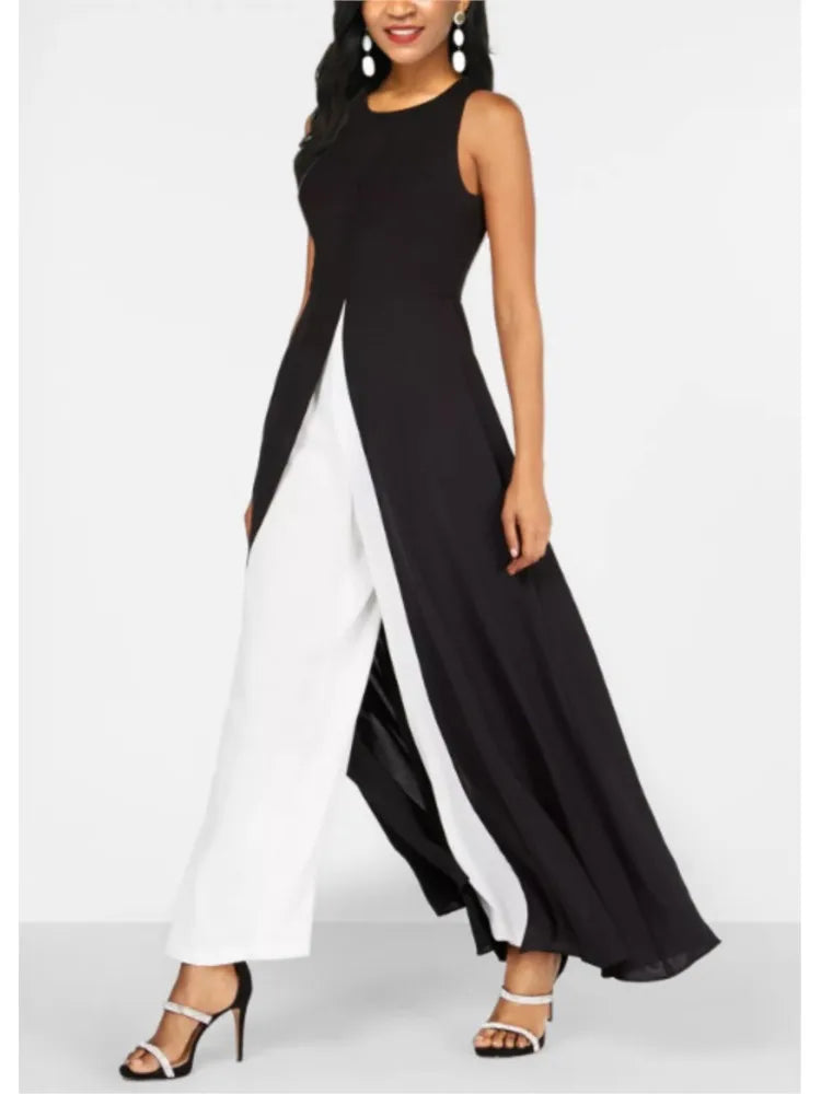 Colorblock Layered Women's Sleeveless O-Neck Skinny High Slit Maxi Formal Jumpsuit