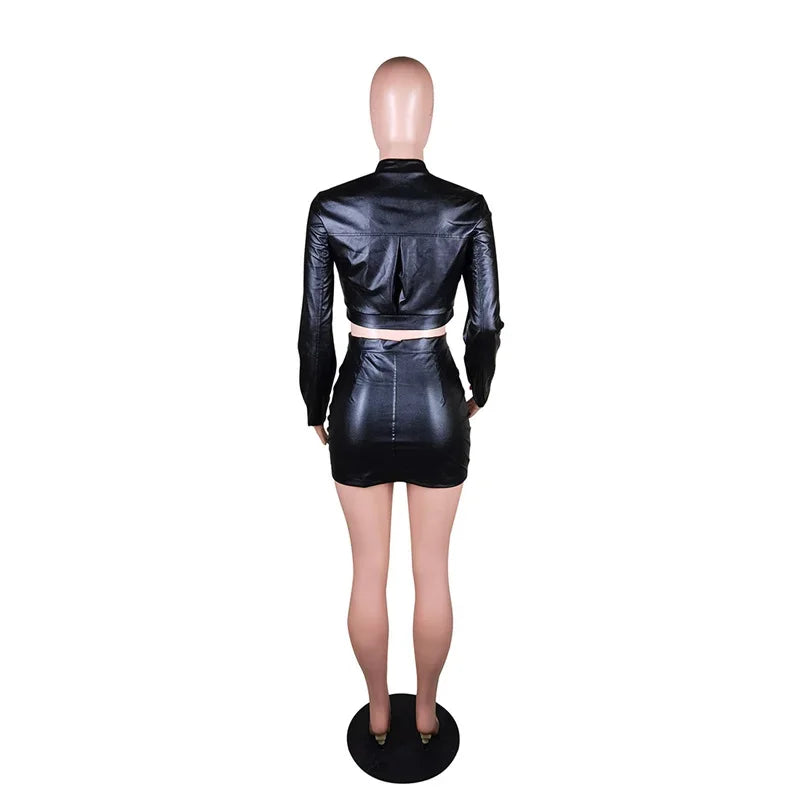 PU Faux Leather Dress Sets for Women 2 Piece Set Outfit Autumn Long Sleeve Jacket Top and Mini Skirt Moto Biker Matching Sets
