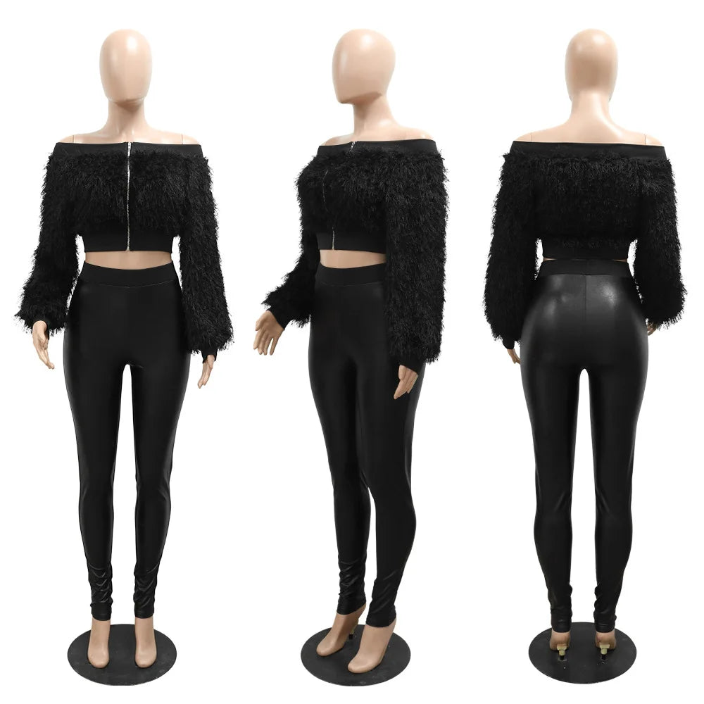 Slash Neck Furry Crop Top + Metallic Faux Leather Leggings 2-Piece Set