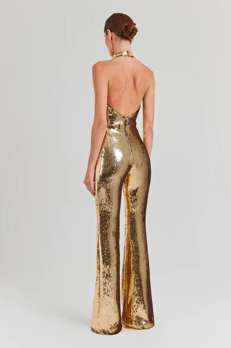 Metallic Mirror Gold Sequin Flared Pant Halter Blackless Stage Performance Formal Jumpsuit