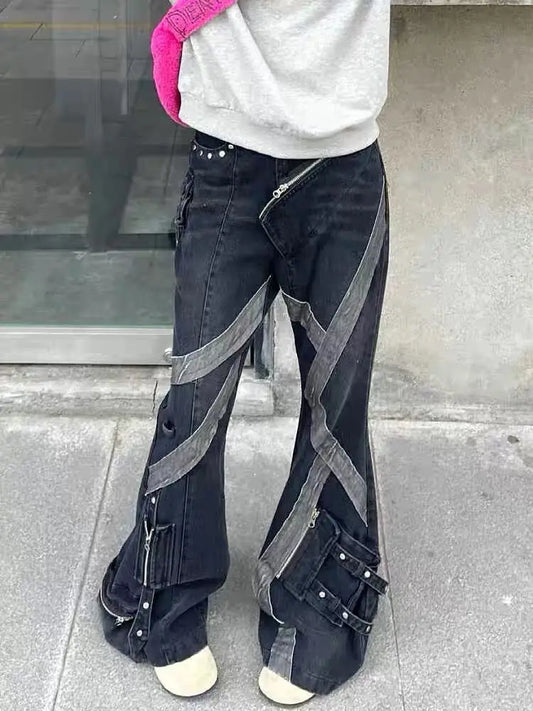 Colorblock Patchwork Zipper Design Multi-Pocket Women's Streetwear Retro Flared Bootcut Cargo Jeans