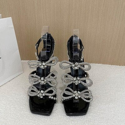 Rhinestone Bow Stiletto PU Thin Strap Sandals