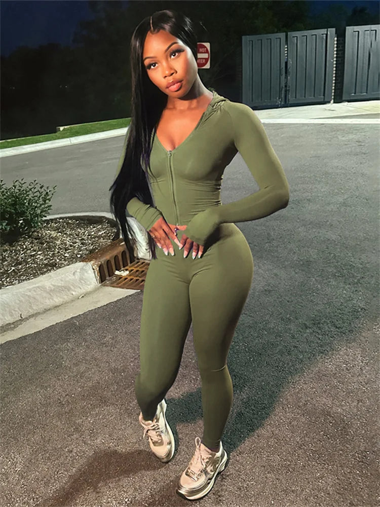 Bodycon Solid Color Women's Crop Zipper Fitness Hoodie Jacket + Workout Leggings Skin Tight Tracksuit