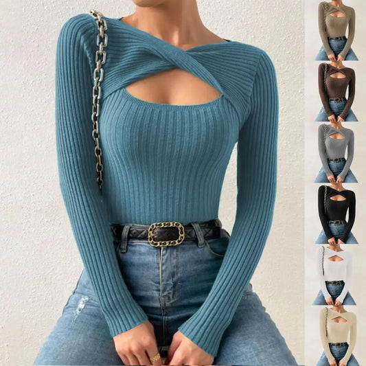 Ribbed Cut-Out Long Sleeve Solid Color Women's Sweater