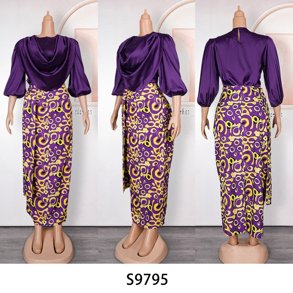 Pleated Ruched Satin Long Sleeve Blouse + African Print Maxi Skirt 2-Piece Set to 3X