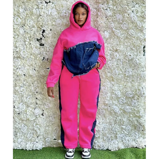 Denim Colorblock Spliced Irregular Patchwork Design Women's Hoodie Sweatshirt + Side Striped Sweatpants Tracksuit