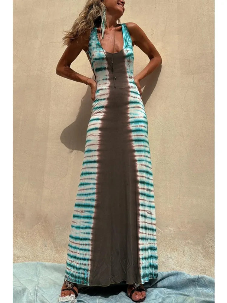 Striped Colorblock Print Backless Criss-Cross Strap Sleeveless Maxi Dress