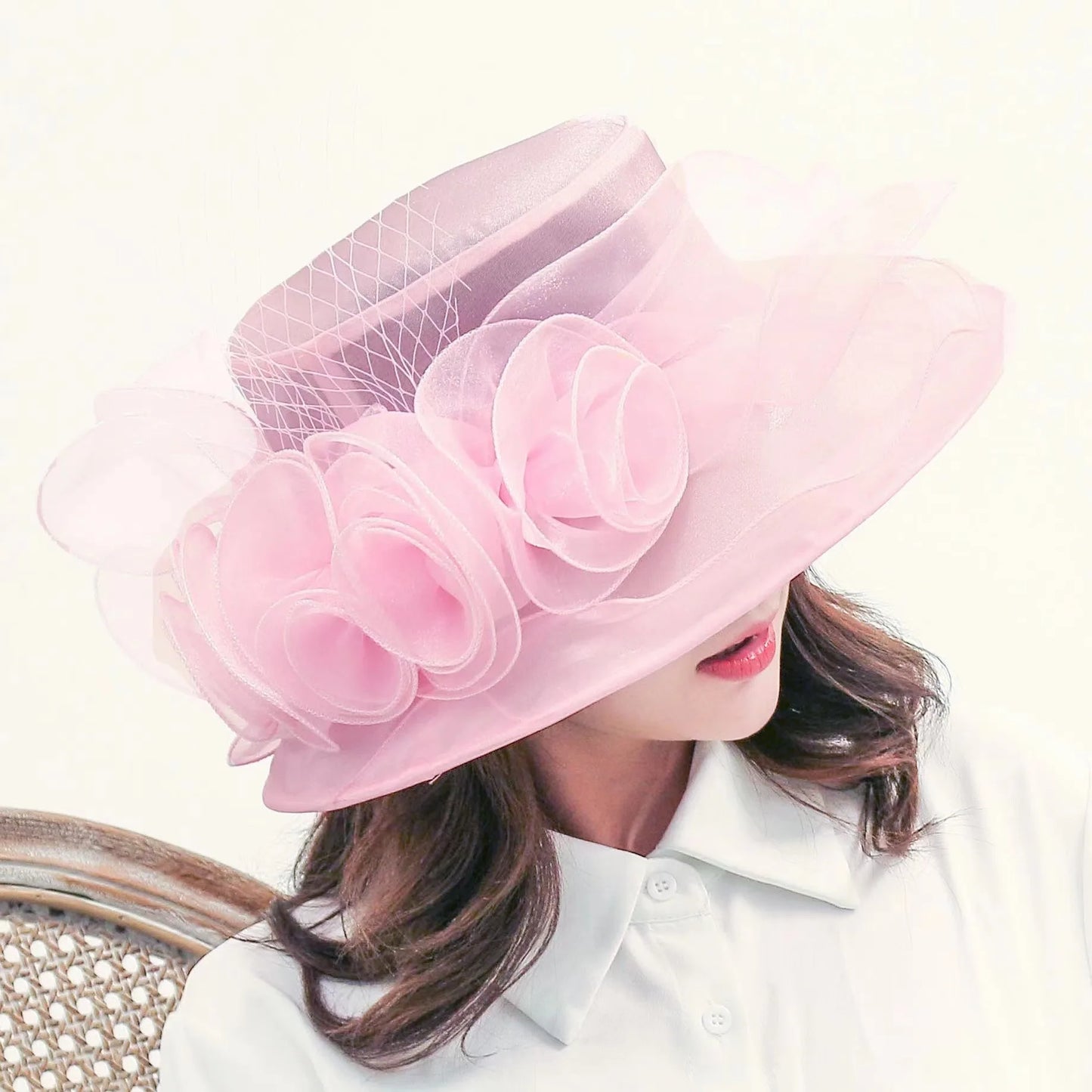 Oversized Organza Floral Bow Detail Wide Brim Kentucky Derby/Church/Wedding Fedora Hat