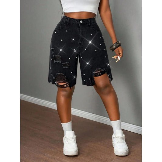 Denim Rhinestone Embellished Black Ripped Knee Length Women's Western Hip-Hop Jean Shorts