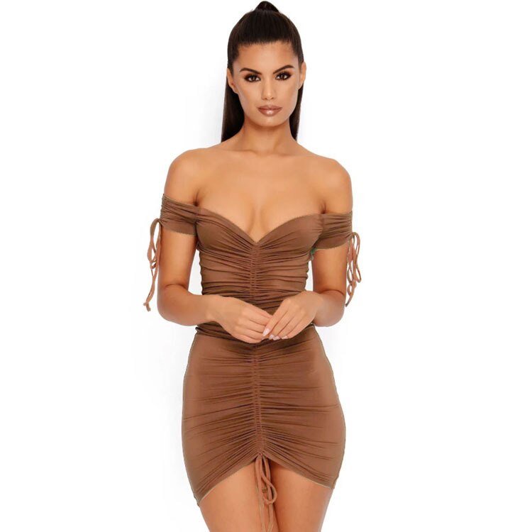 Ruched Drawstring Off Shoulder Deep V-Neck Mini Dress