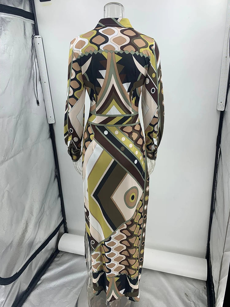 Geometric Print Turn-Down Collar Hollow-Out Long Sleeve High Waist Spliced Button-Up Maxi Dress