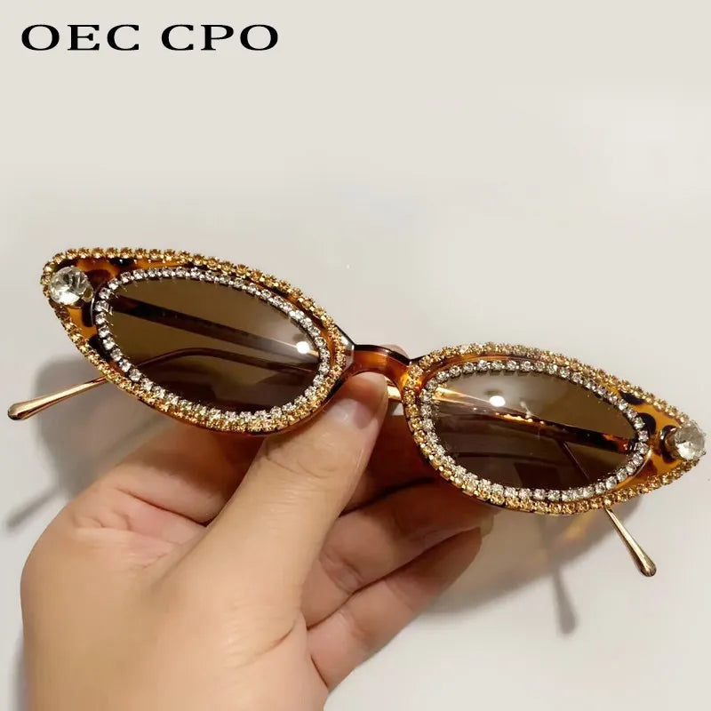 Vintage Rhinestone Cat-Eye Oval Small Frame Bling Diamond  UV400 Women's Sunglasses