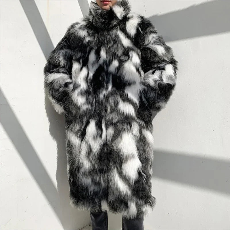 Men's Black/White Colorblock Patchwork Thick Faux Fur Trenchcoat