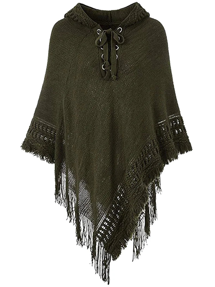 Fringe Tassel Women's Knitted Hooded Crochet Shawl Wrap Sweater