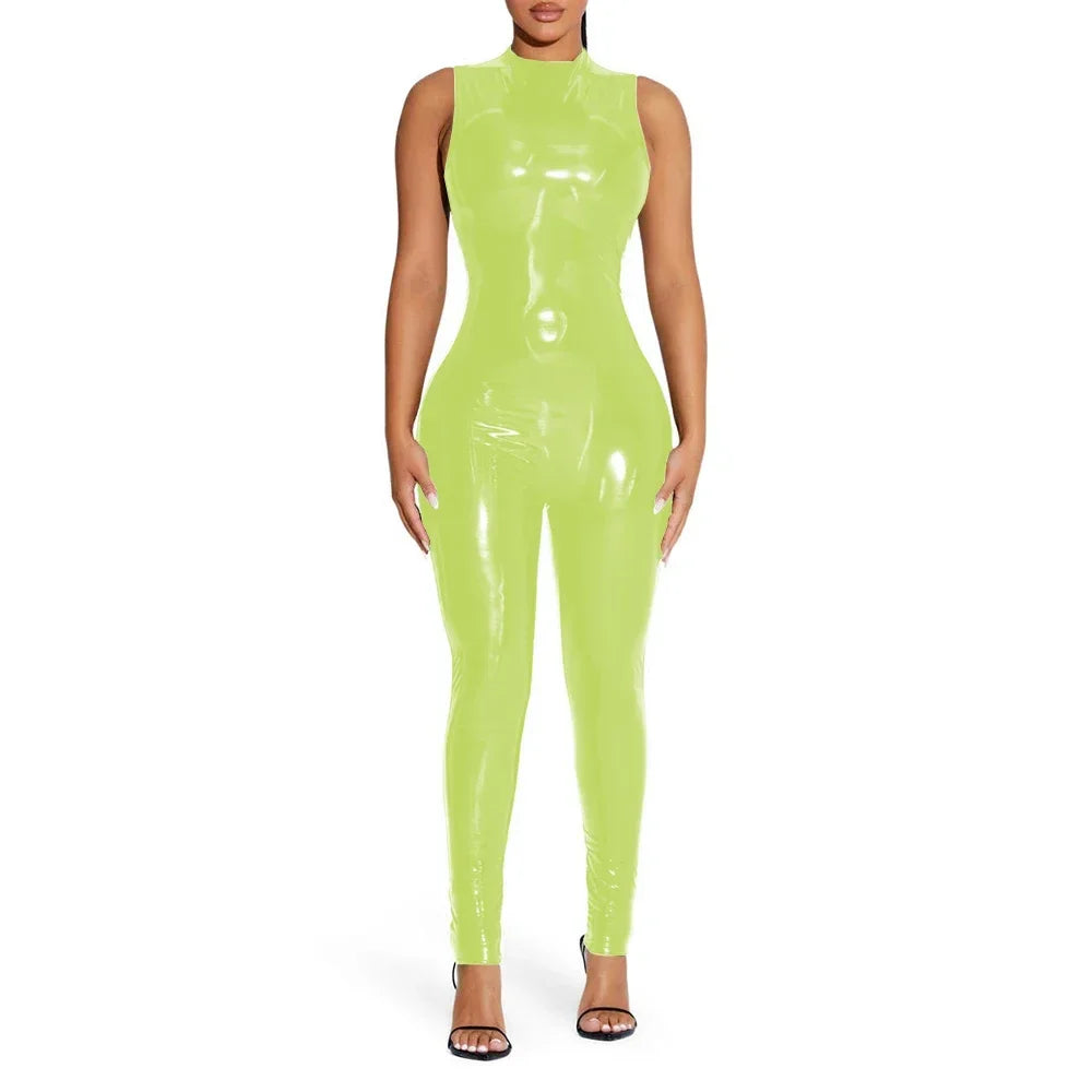 Shiny Solid Color Sleeveless PVC PU Leather Women's Pants Jumpsuit