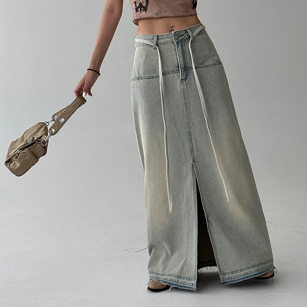 Denim Faded Distressed Women's High Slit Vintage Lace-Up Low Waist Streetwear Maxi Jean Skirt