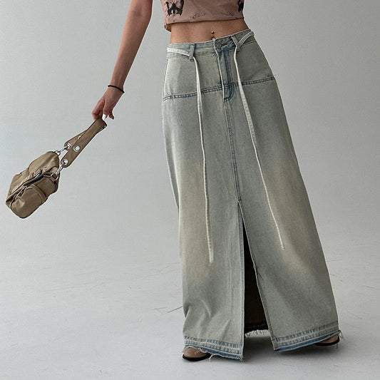 Denim Faded Distressed Women's High Slit Vintage Lace-Up Low Waist Streetwear Maxi Jean Skirt