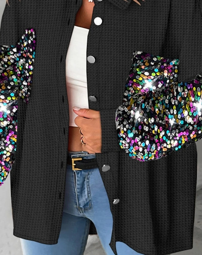 Sequin Glitter Patchwork Colorblock Turn-Down Collar  Waffle Knit Shacket