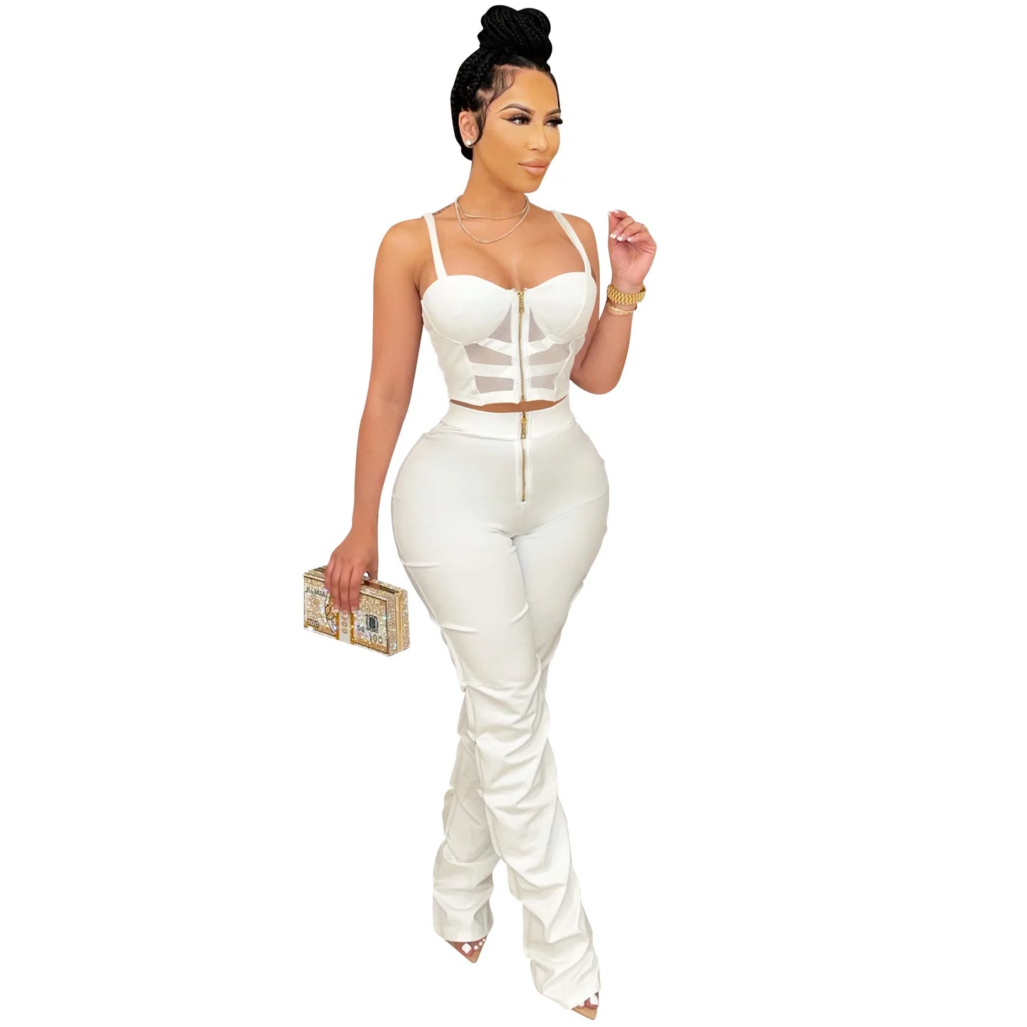 Corset Top Hollow-Out Zipper Front Cropped Tank Top + Stacked Zipper Front Pants Women's 2-Piece Set