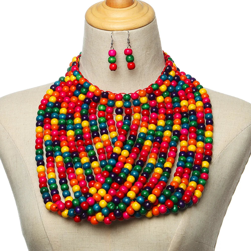 African Rainbow Color Wood Beaded Tassel Bohemian Vintage Beaded Choker + Earrings 2-Piece Jewelry Set