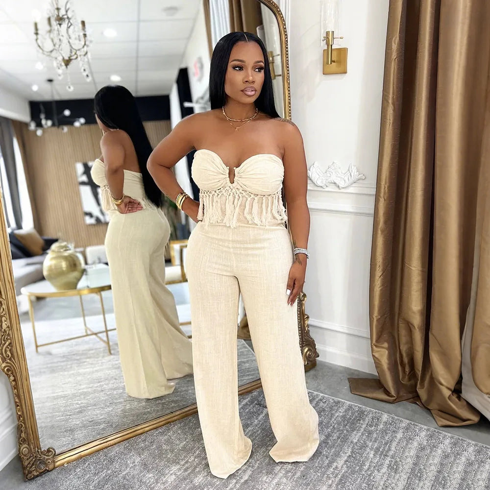 Tassel Fringe Design Strapless Sleeveless Tube Top Solid Color Women's Jumpsuit