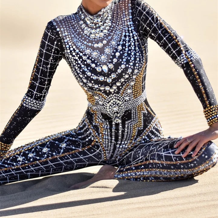 Sparkling Rhinestone Long Sleeve Spandex Jumpsuit