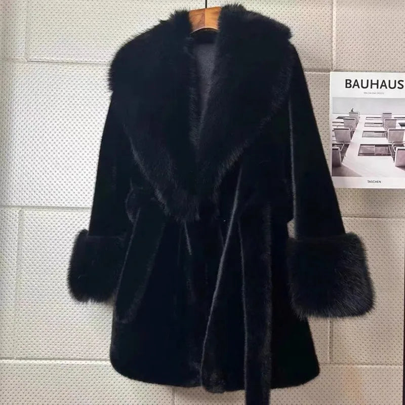 Vintage Solid Color Women's Luxury Faux Fur Oversized Collar Long Sleeve Coat w/ Sash Belt