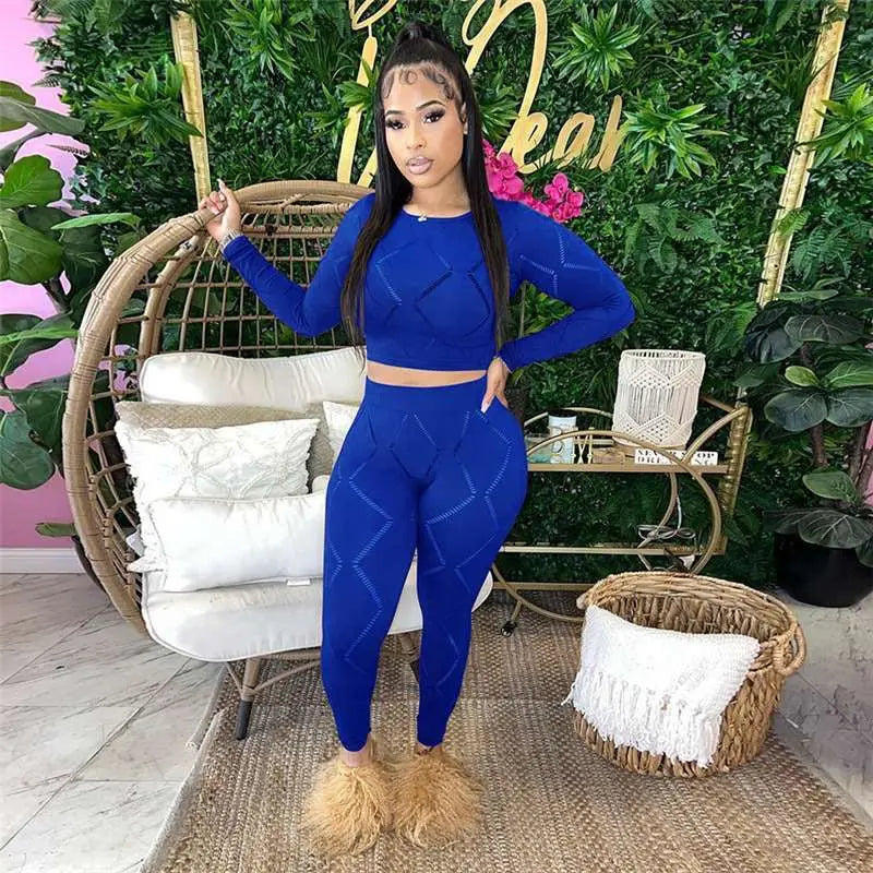 Knitted Geometric Pattern Long Sleeve Crop Top + Matching Biker Shorts Women's Solid Color 2-Piece Set