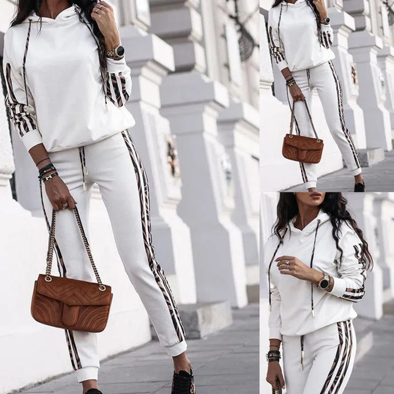 Zebra Ruched Sleeve Side Striped Ladies Hooded Tracksuit