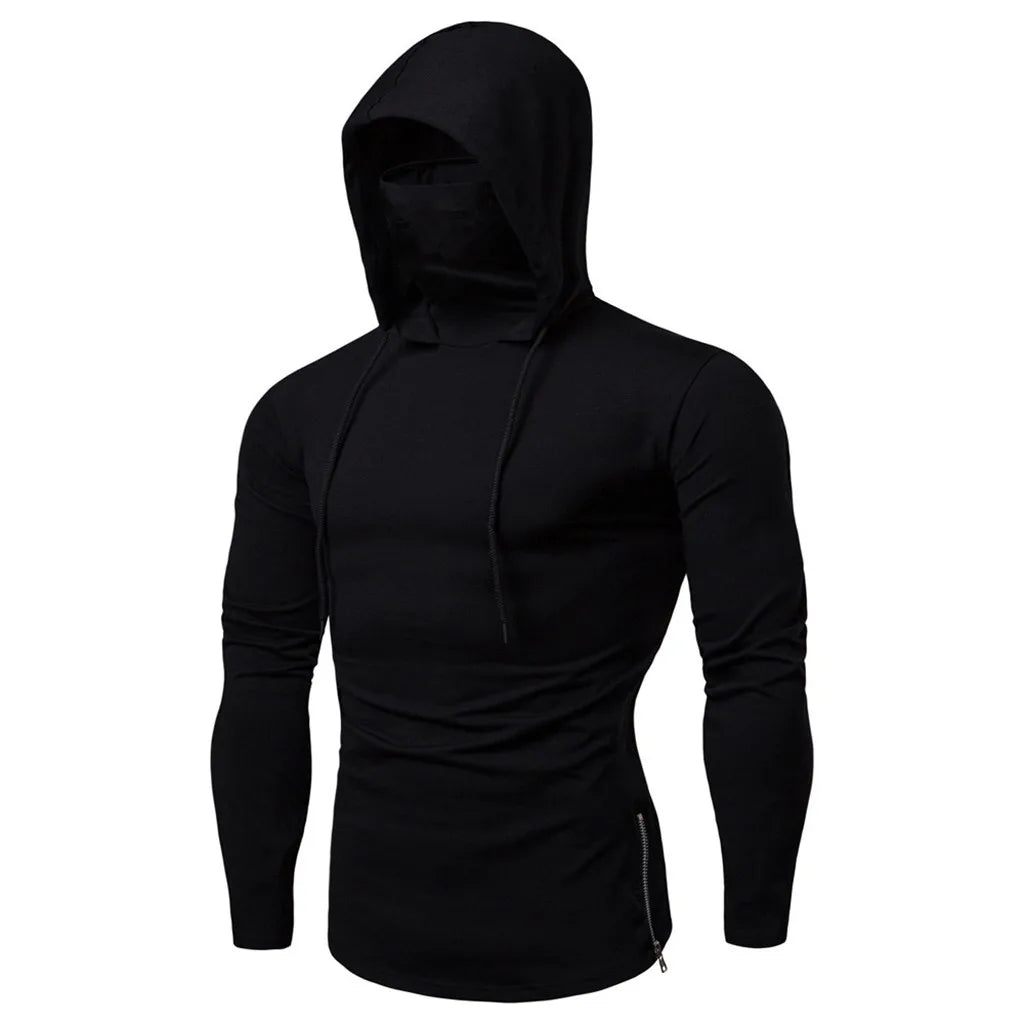 Men's Drawstring Solid Color Gym Workout Thin Long Sleeve Hoodie Sweatshirt w/ Built-In Mask