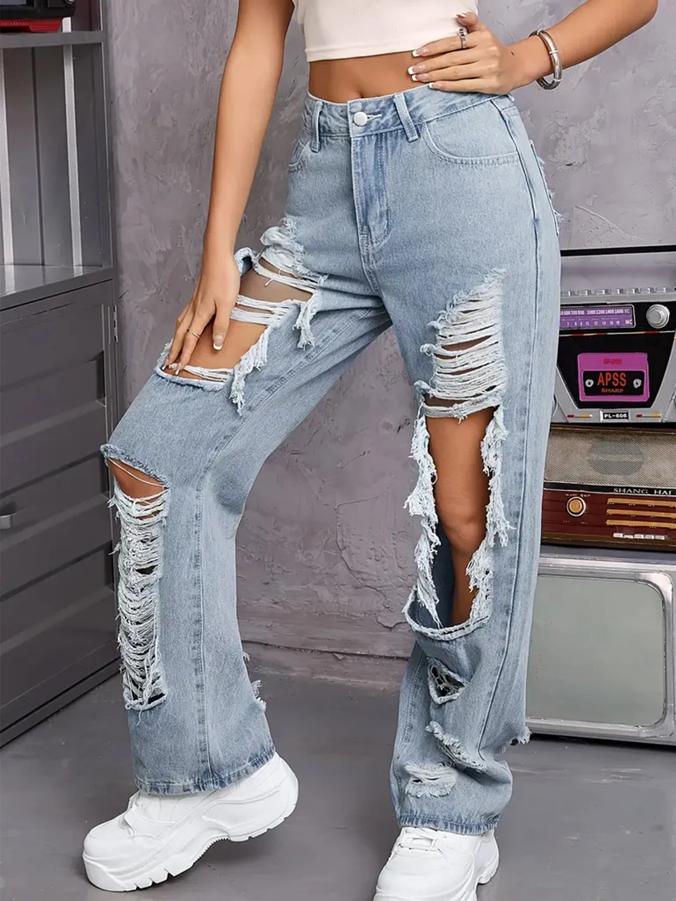 Ripped Denim Hollow-Out Washed Women's Baggy Hip-Hop Streetwear Jeans