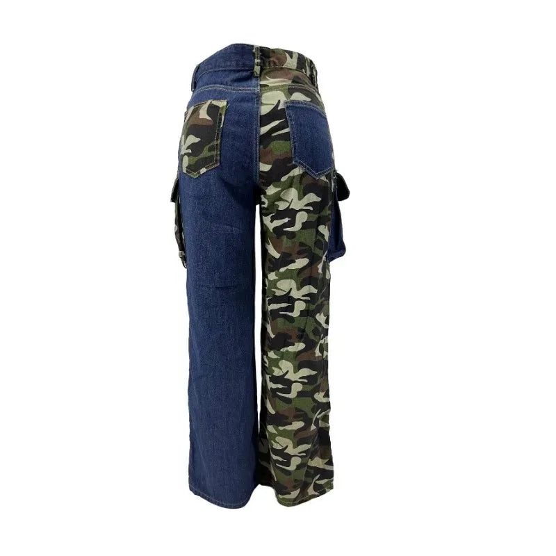 Denim Patchwork Camouflage 3D Pocket Ladies Cargo Pants