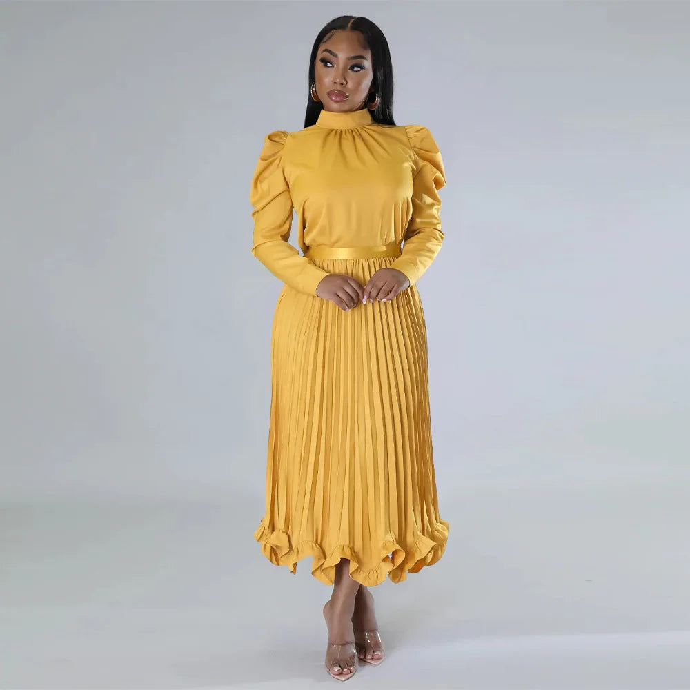 Women’s Solid Color O-Neck Lantern Sleeve Blouse + A-Line Flounce Formal Pleated Maxi Skirt w/ Sash Belt 2-Piece Set