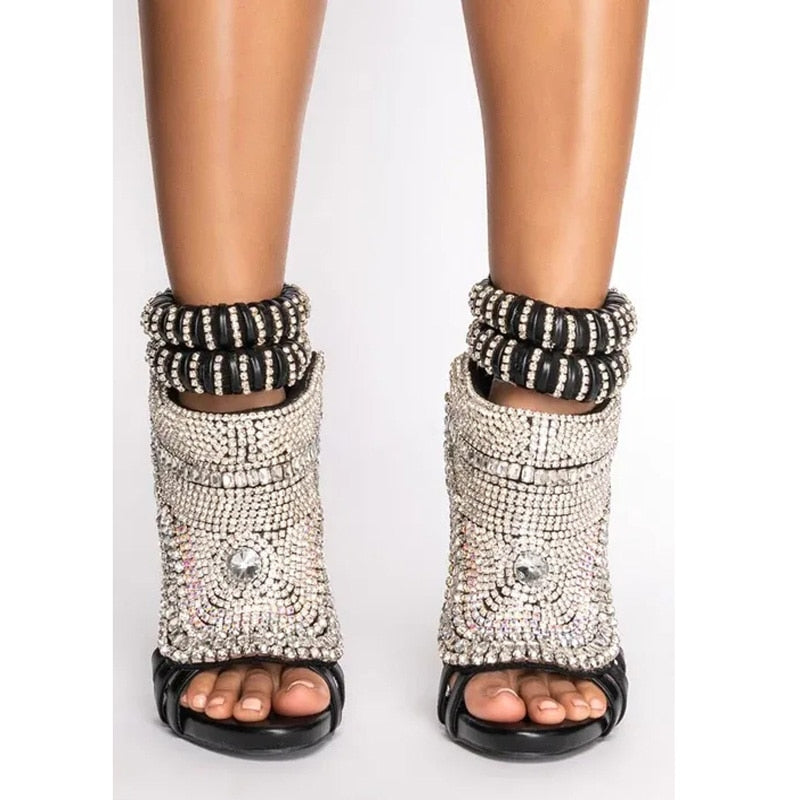 Glitter Crystal Stiletto Rhinestone Peep Hollow Sandal Ankle Boots