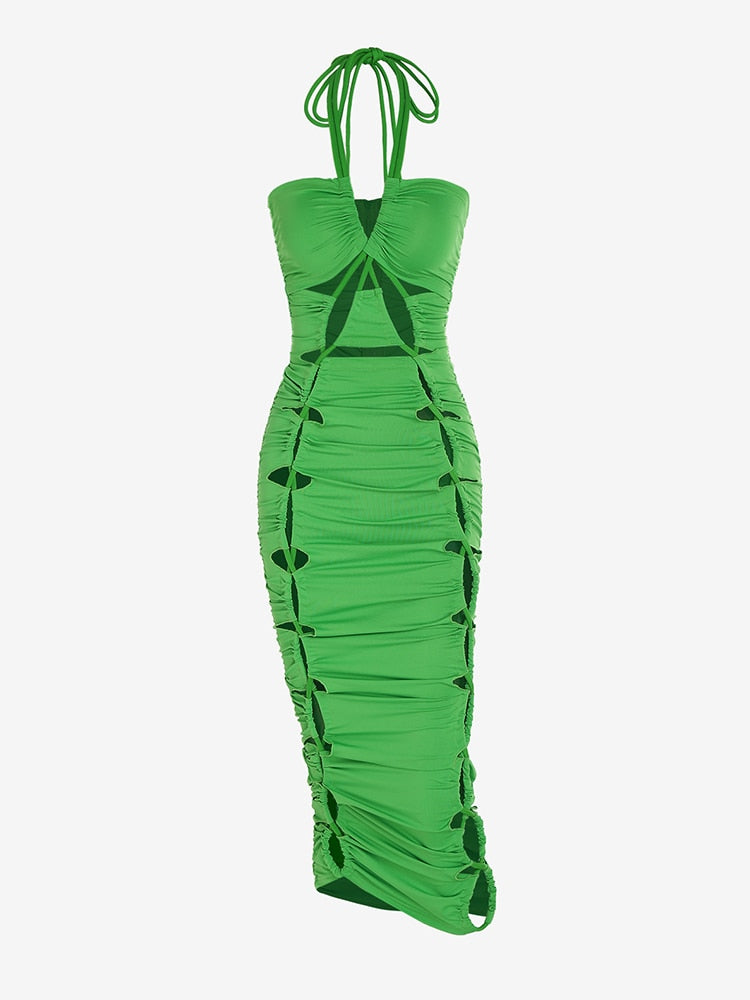 Lace Up Criss Cross Halter Cut Out Slinky Dress