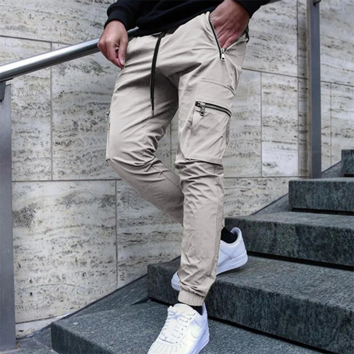 Men's Zipper Pocket Design Drawstring Solid Cargo Pants