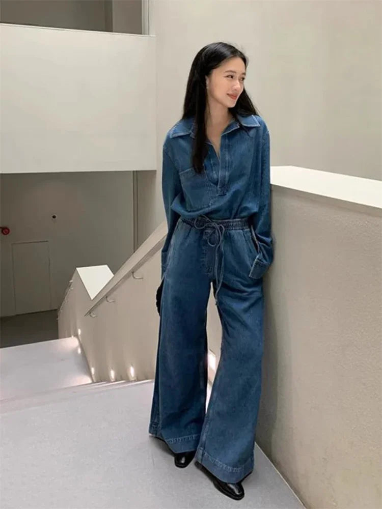 Denim Pocket Detail V-Neck Long Sleeve Pullover Jacket + Elastic Waist High Wide Leg Jeans 2-Piece Set