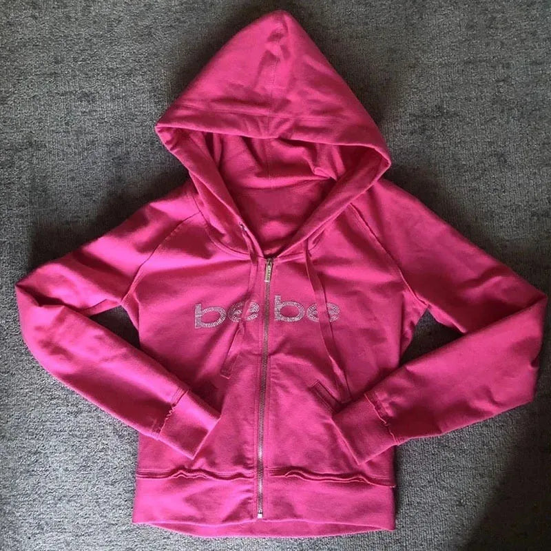 "BEBE" Print Hot Pink Vintage Long Sleeve Ladies Zipper Hoodie Jacket