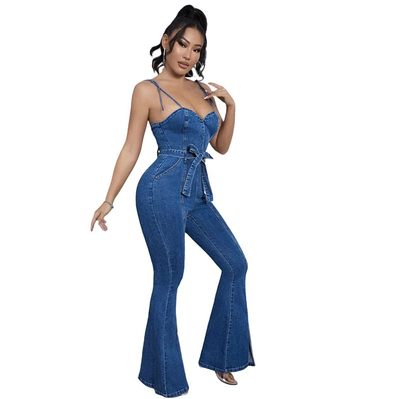 Denim Blue Corset Top Spaghetti Strap Flared Leg Women's Sash Belted Jean Jumpsuit
