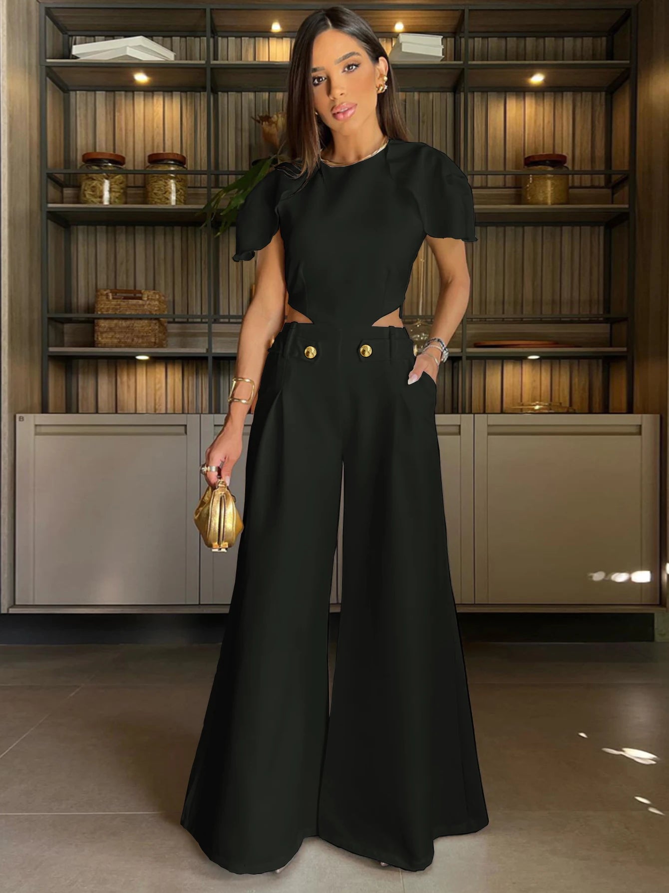 Flower Embroidered Backless High Street Cropped Backless Blazer + Wide Leg Pants Women's Suit or Hollow-Out Short Sleeve or Sleeveless Floral/Solid Jumpsuits