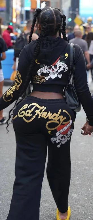 "Ed Hardy" Print Crop Zipper Hoodie Jacket + Drawstring Sweatpants Women's Tracksuit