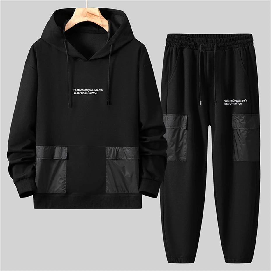 Men's Black Patchwork Pocketed Hoodie Sweatshirt + Matching Jogger Sweatpants Tracksuit