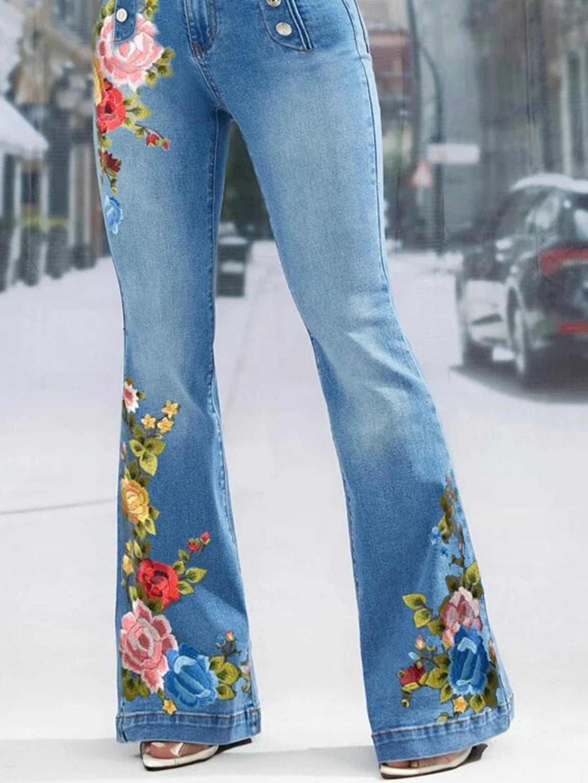 Denim Flower Embroidered Decor Flared Leg Women's High Waist Button Wide Leg Bootcut Jeans to 4X Plus Size