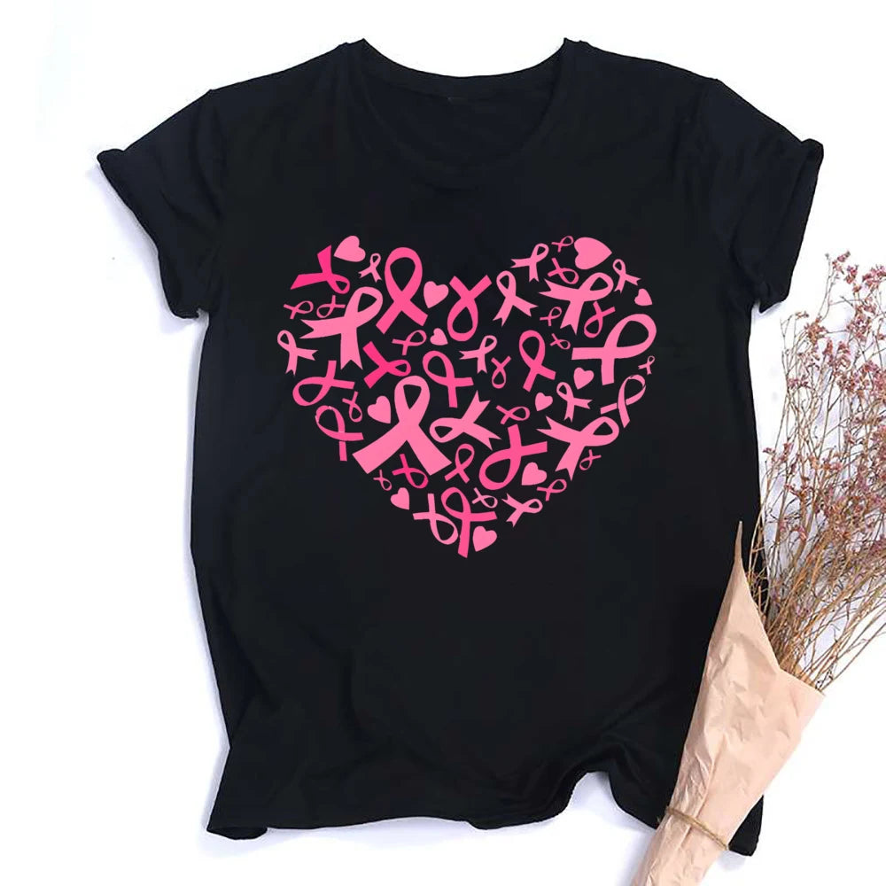 Heart Print Women's Pink Ribbon Breast Cancer Awareness T-Shirt