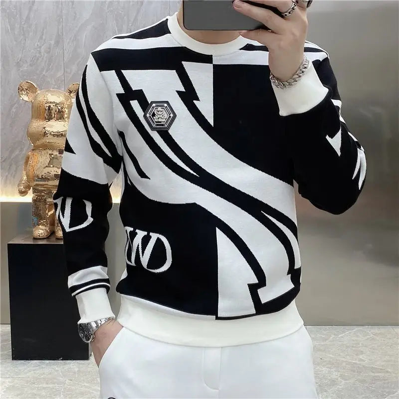 Men's Black/White Geometric Colorblock Contrast Print O-Neck High Street Long Sleeve Sweatshirt